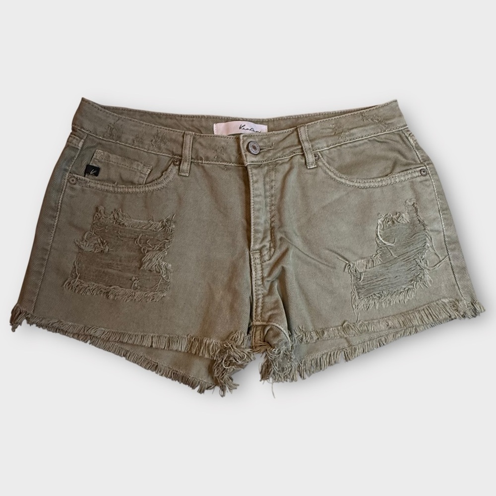 KanCan Hippie Distressed Mid-Rise Denim Jean Shorts Kahki Green Medium